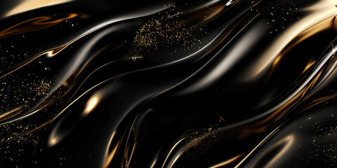 Wellenmotiv in leuchtenden gold mit schwarzen Farben als Hintergrundmotiv für Webdesign im Querformat für Banner, ai generativ