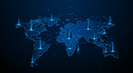 Global connection network background. World map. High-speed internet technology concept. Continental or country level communication
