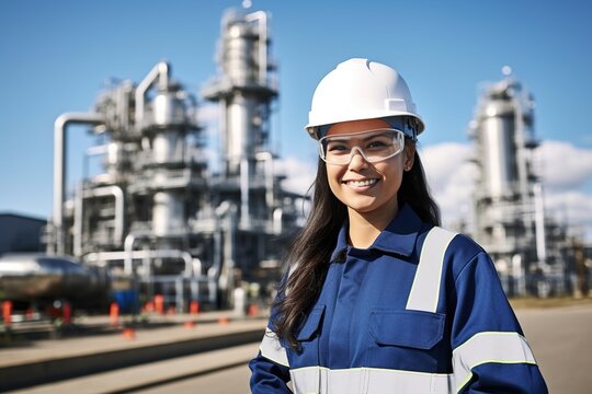Smiling female chemical engineer wearing hardhat and safety glasses standing in front of an oil refinery
