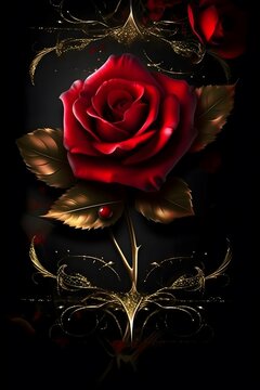 a close up of a red rose on a black background, a digital rendering, by Anne Stokes, gothic art, poster paper with notes, background of a golden ballroom, without duplicate image, concept art of loe,