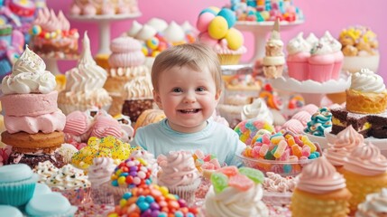 Fototapeta premium A baby surrounded by an assortment of colorful candies and cupcakes. Sugar rush