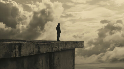 lonely young man at the edge of cliff looking away and thinking