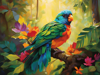 Fototapeta premium photo a colorful bird sits on a branch in the forest