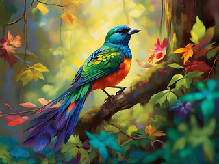photo a colorful bird sits on a branch in the forest