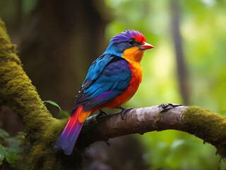 photo a colorful bird sits on a branch in the forest