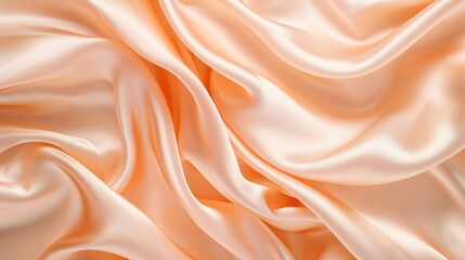 A close-up image of a luxurious peach-colored satin fabric with smooth, flowing waves and soft folds, capturing the light and shadows which create a dynamic texture.