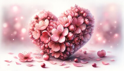 The image features a heart-shaped arrangement of flowers in soft pink tones, symbolizing love and tenderness.