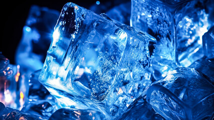 Crystal clear perfection, Ice cubes isolated on a sleek black background, a cool addition to elevate your designs and quench the visual thirst.