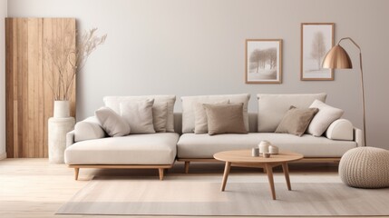 eco friendly home interior with warmth depth and dimension to any space creating an inviting atmosphere. Natural fibers like wool linen cotton bringing a sense of sustainability living room interior - obrazy, fototapety, plakaty