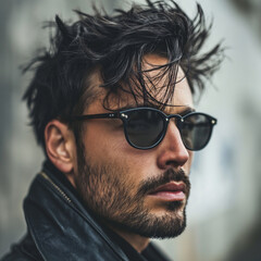 sexy bearded man with sunglasses and leather jacket posing