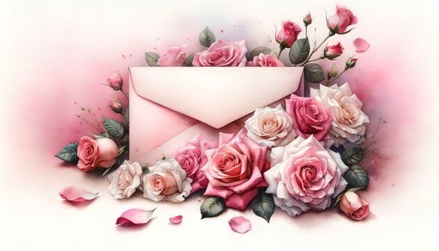 The image features a pink envelope surrounded by an array of roses in varying shades of pink, creating a romantic and elegant composition.