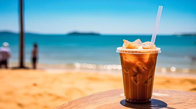 Cool vibes by the shore, Iced coffee sits enticingly on a cafe table with a beach backdrop, capturing the essence of a hot summer day.