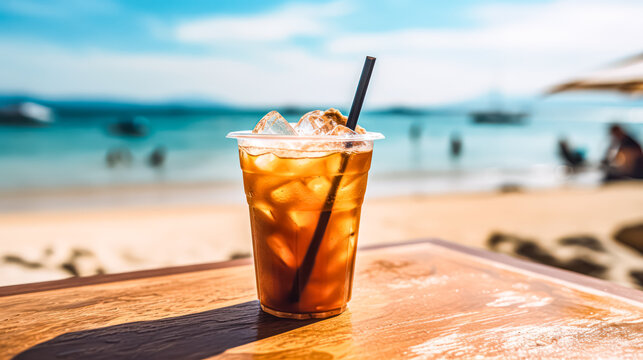 Cool vibes by the shore, Iced coffee sits enticingly on a cafe table with a beach backdrop, capturing the essence of a hot summer day.