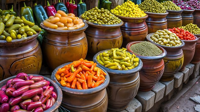 A colorful image showcasing a variety of pickles that accompany many Saudi dishes