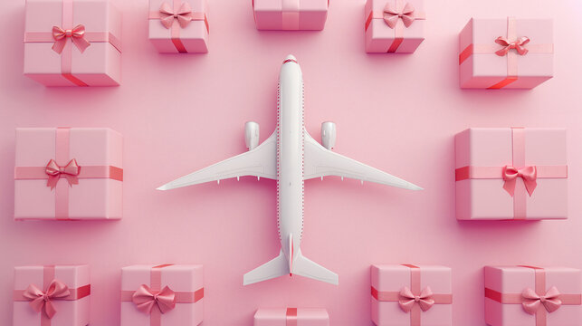 Airplane and gift boxes with ribbons around it. Pink colors. 