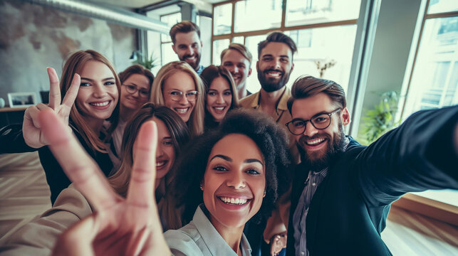 smile, selfie and happy business people in the office for team building or bonding together.