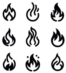 Set of Flat-Style Simple Vector Flame Icons Assorted Shapes and Sizes for Multiple Uses