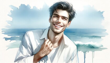 The image is a watercolor illustration of a man with a happy smile.