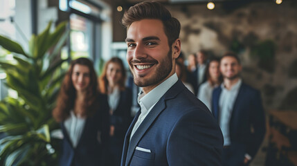 sexy young businessman smiling and taking a step forward in front of the team - obrazy, fototapety, plakaty
