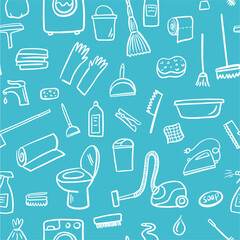 Vector seamless pattern from a collection of cleaning equipment, hand-drawn in a doodle style