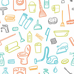 Vector seamless pattern from a collection of cleaning equipment, hand-drawn in a doodle style