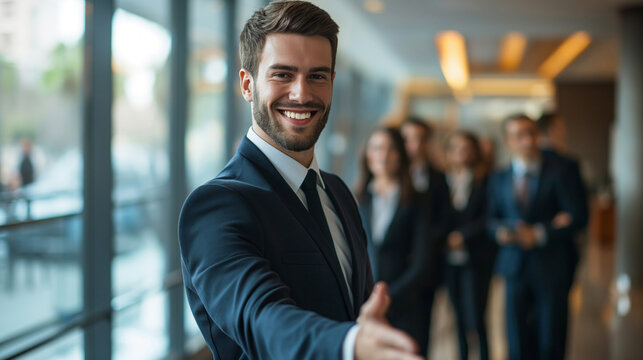 young handsome smiling businessman welcoming with a handshake