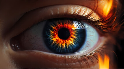  lovely eye of a female individual. consuming sparkling fire in the eye iris. Generative AI