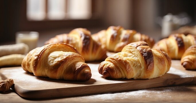 Craft an image that immerses viewers in the process of making croissants from scratch, from the initial laminated dough to the final, perfectly baked result. -AI Generative