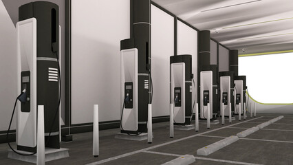 Charging station for electric cars, green station, 3d rendering, 3d illustration