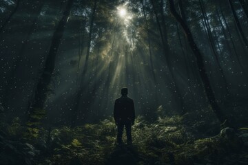 A person in a dense forest, signifying feeling lost and overwhelmed by depression