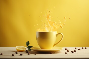 Mint Tea Splash in Cup on Vibrant Orange Gradient Background. Refreshing and Relaxing Visual