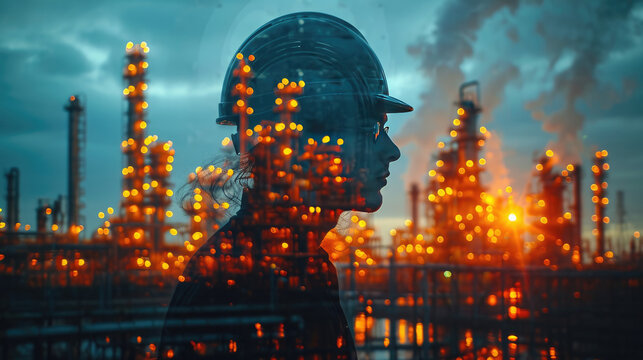 The double exposure image of the engineer standing back during sunrise overlay with cityscape image.