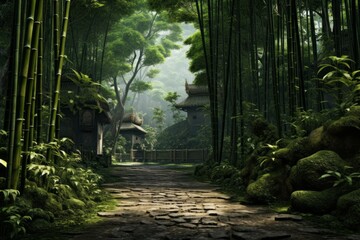 A road through an enchanting bamboo forest, showcasing tranquility