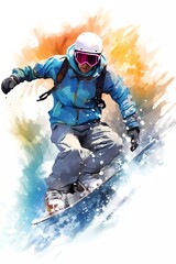 Fototapeta na wymiar male snowboarder, in watercolor style. generative ai