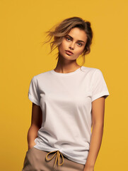 Obraz premium Elevate your brand with a stylish fashion mockup featuring a woman in a premium white t-shirt against a vibrant yellow backdrop. High-resolution details and shadow effects add depth.