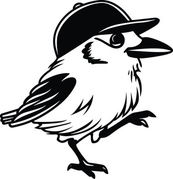 Bird wearing a baseball cap black and white vector illustration, isolated on a white background