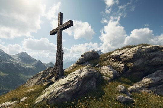 Religious cross on a mountain top with a backdrop of sky and clouds.