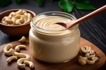 Cashew butter in a glass jar with a wooden spoon
