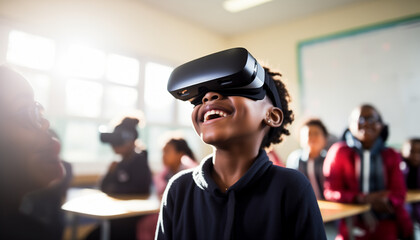 A smiling child wearing a VR set in a school classroom 