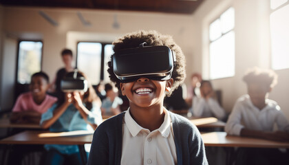 A smiling child wearing a VR set in a school classroom 