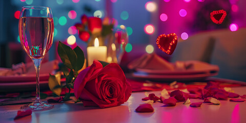 Fototapeta na wymiar Tischdekoration zum Valentinstag in rosa und roten Farben mit Herzen und Sekt Glas dekoriert, ai generativ
