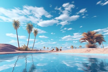 Fototapeta na wymiar Desert oasis sky background with a pristine blue pool