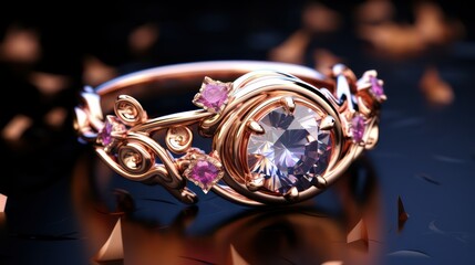 Jewelry ring with precious stones on black background