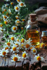 Small glass bottle with chamomile essential oil on old wooden background. Chamomile flowers.