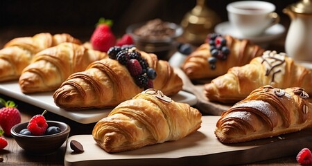 Explore the delightful variety of filled croissants with a visual feast of a selection, featuring impeccably crafted almond, chocolate, and fruit-filled pastries, each displaying the art-AI Generative