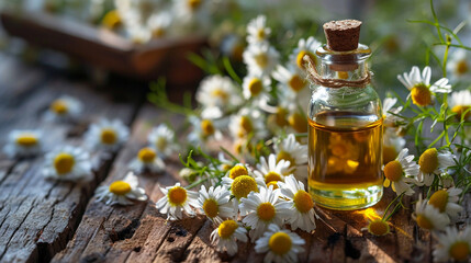 Small glass bottle with chamomile essential oil on old wooden background. Chamomile flowers.
