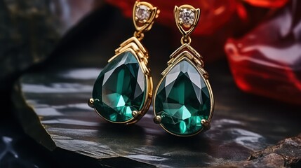Jewelry, fashion and luxury concept - close up of emerald earrings