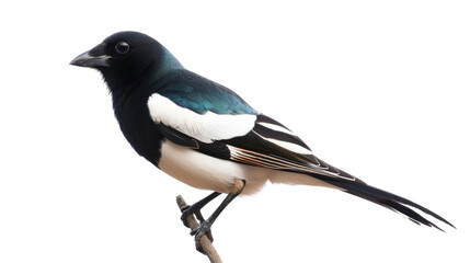 Fototapeta premium A magpie with striking black and blue plumage, white background, showcasing its glossy feathers and curious gaze.