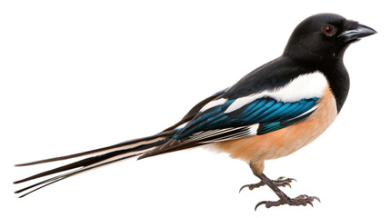 Fototapeta premium A magpie with striking black and blue plumage, white background, showcasing its glossy feathers and curious gaze.