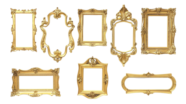 An assortment of eight golden picture frames of different sizes and patterns on a white background, showcasing intricate designs.
